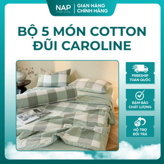 Bộ 5 Món Cotton Đũi Caroline Chăn Chần Bông Ga Gối Phong Cách Minimalism Fullsize - Napbedding