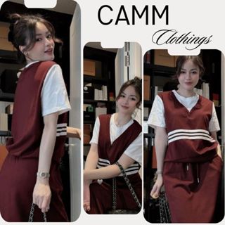  Set váy nữ set áo phông phối gile kẻ sọc mix chân váu dáng dài xẻ tà chất umi hàn HCOM25496-CAMM 