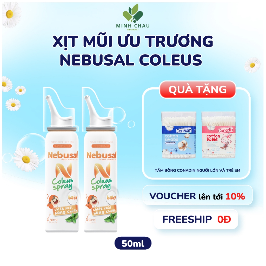 Xịt Mũi Ưu Trương Cho Bé NEBUSAL Coleus Húng Chanh Giảm Nghẹt Mũi Sổ Mũi Cảm Lạnh Chai 50ml