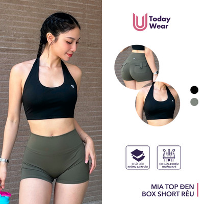 Set bộ đồ tập gym yoga nữ áo bra Mia Top đen mix quần Box Short rêu Today U Wear thể thao