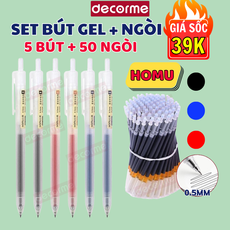  Set 5 Bút 50 ngòi bút bấm baijin dupe muji mực đen xanh đỏ Decorme phong cách cổ điển phụ kiện văn phòng phẩm 