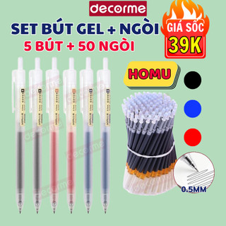  Set 5 Bút 50 ngòi bút bấm baijin dupe muji mực đen xanh đỏ Decorme phong cách cổ điển phụ kiện văn phòng phẩm 