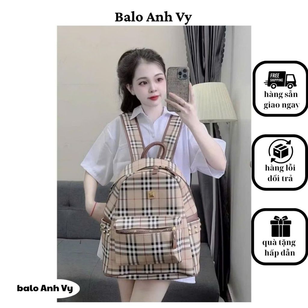 Balo kẻ quai to size 40 hàng VN chất da PU chống nước, để được A4, laptop 14inch, atlat địa lý