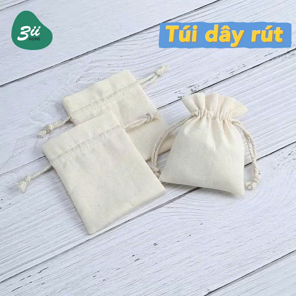 Túi Dây Rút Vải Canvas Màu Trắng Kem 3II HOME Túi Đa Năng Đựng Mỹ Phẩm Trang Sức Đồ Dùng Cá nhân