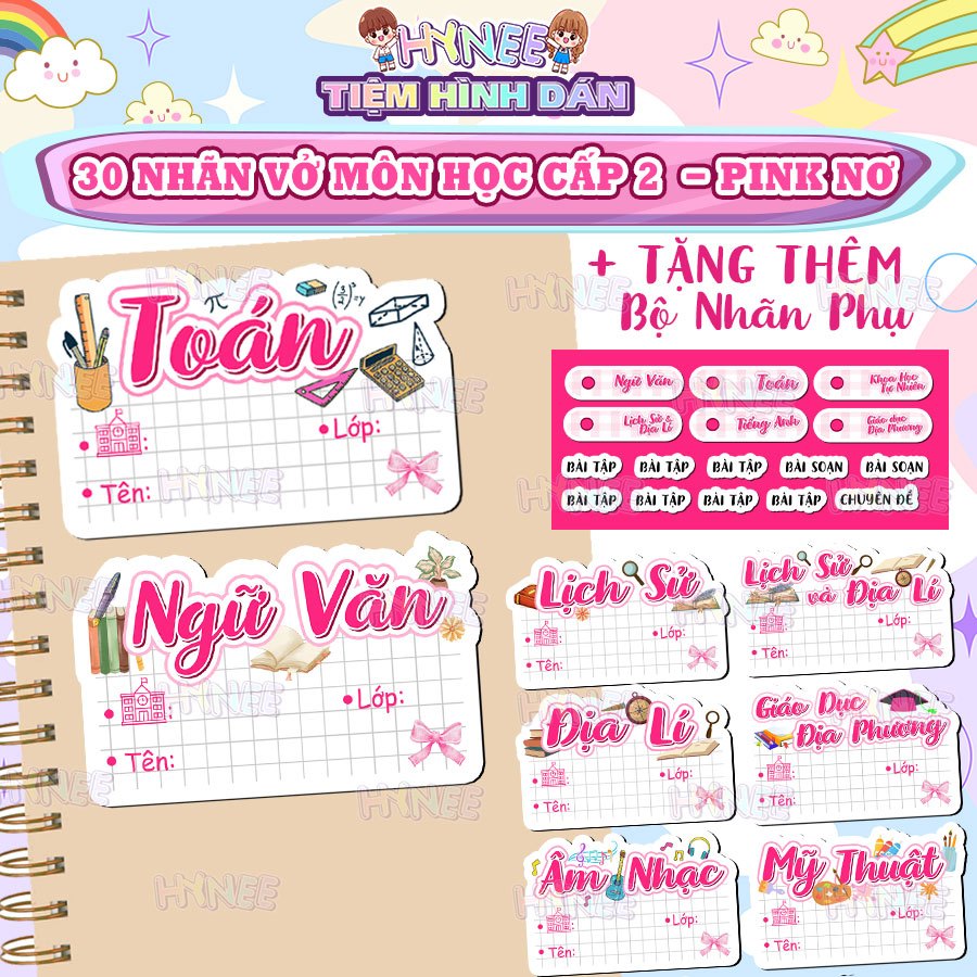 Nhãn Vở Môn Học Coquette Hồng Nơ Xinh - Bộ 30 Nhãn Vở Tặng Kèm Nhãn Gáy Và Sticker Chương Trình Mới 