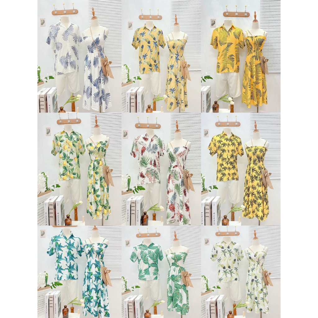 Set đồ đi biển váy nữ bộ nam ,Đồng phục đi biển trái cây nam nữ, Váy Maxi đi biển, Chất Đũi Cao Cấp