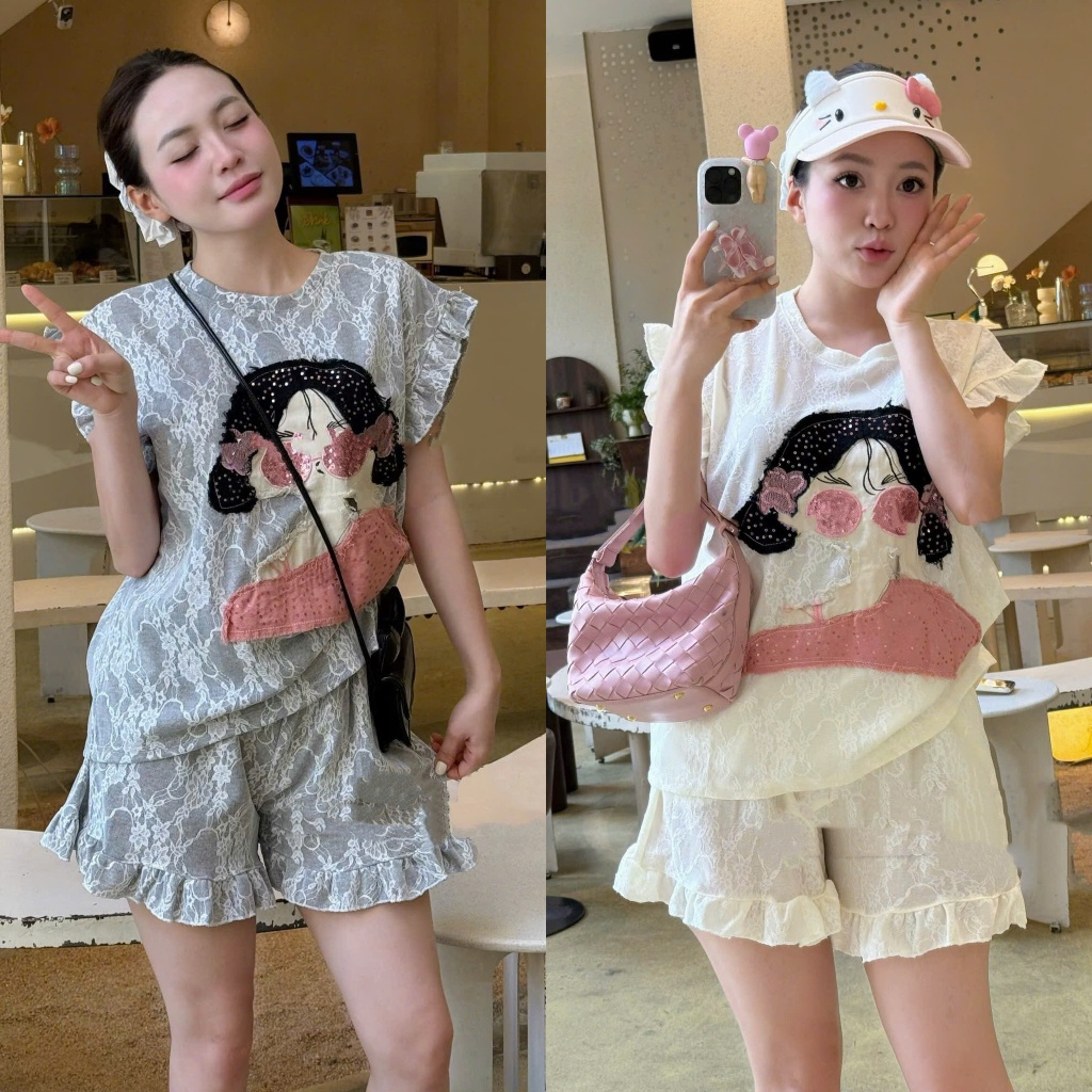 Set Áo Cánh Tiên May Ren Đáp Đính Sequin Hình Cô Gái Dễ Thương Mix Quần Đùi Viền Bèo 2 Màu Hot Trend