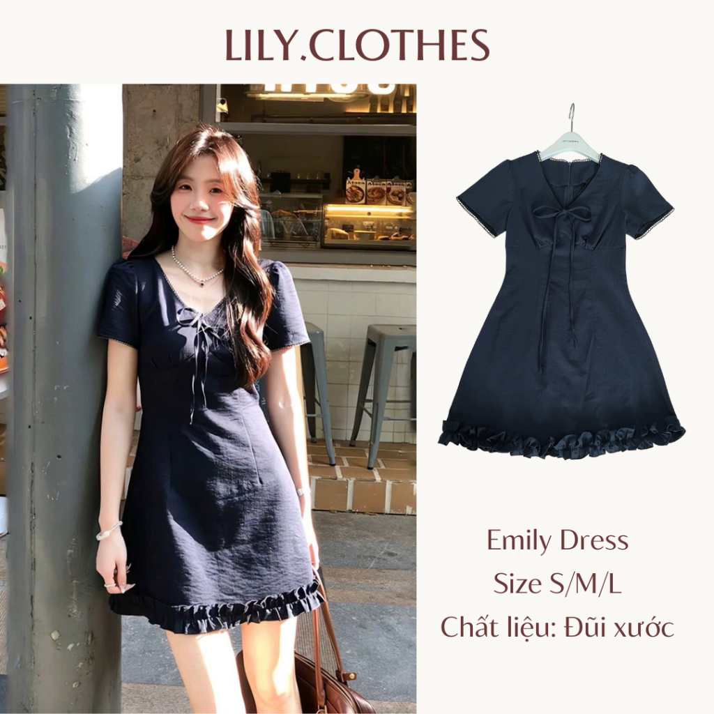 Lily.clothes (Sẵn) Váy đầm nữ cổ V viền bèo dáng ngắn – Emily Dress vải đũi xước mix ren nữ tính khoá kéo sau lưng | BigBuy360 - bigbuy360.vn