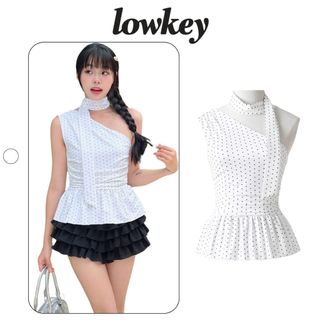  K5218 LOWKEY_ÁO LỆCH VAI CHẤM BI DÁNG XÒE PEPLUM-PHỐI DÂY CỔ,CÓ KHÓA KÉO BÊN HÔNG 