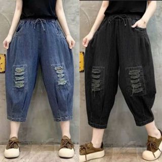 Quần Jean Rách Nữ Dáng lỡ dài 80cm Chất Liệu Vải Bò Cao Cấp Lưng Thun Phong Cách Năng Động [M20]