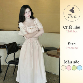 Váy bầu suông dáng xòe TIRA MAMA M27 Váy bầu cổ vuông xếp ly đính ngọc Váy bầu tay tiên mặc hè mát