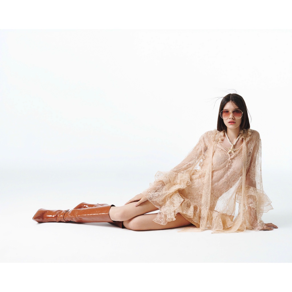  ONONMADE Set Áo Ren Kim Sa Tay Dài Chân Váy Ngắn Chữ A Coral Set 