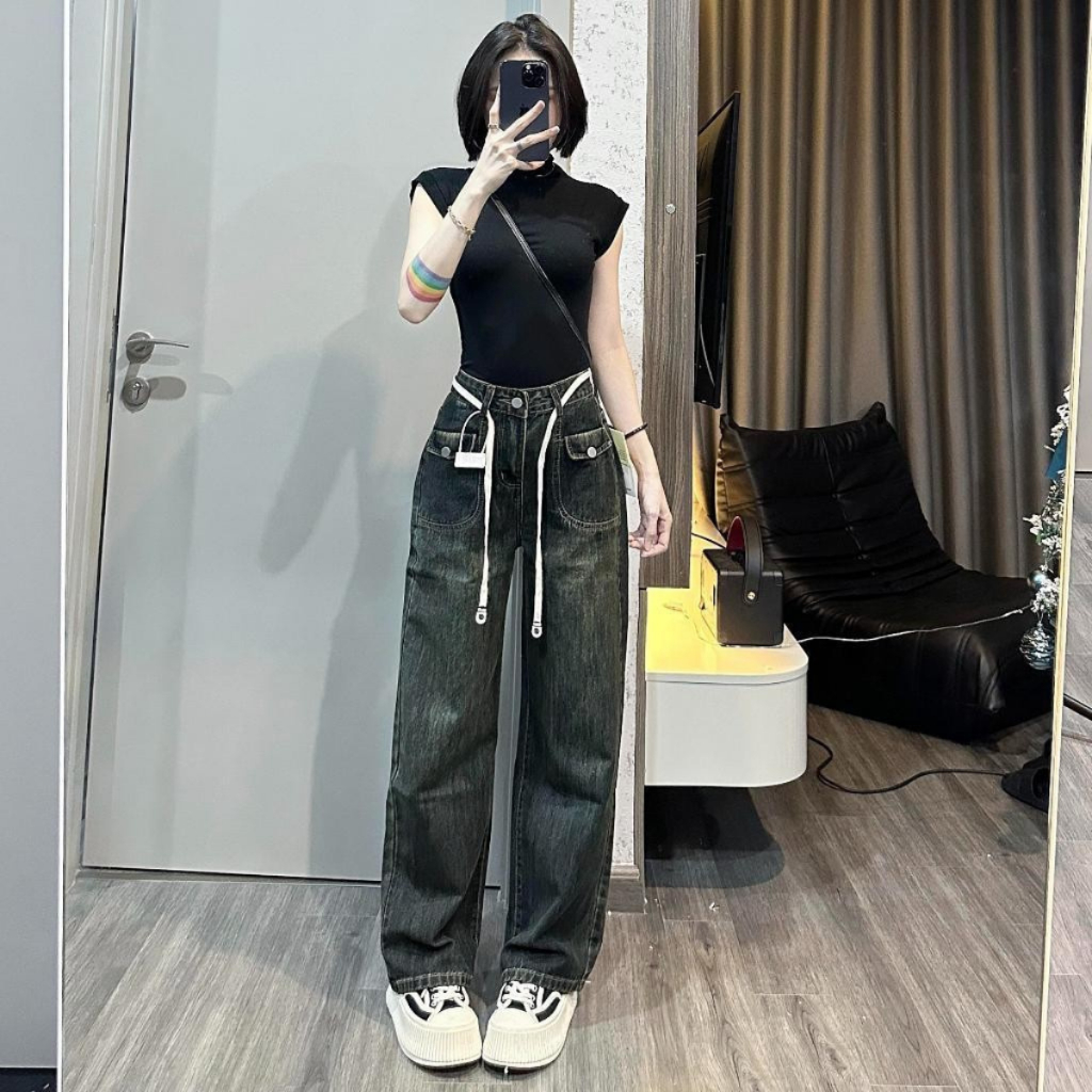 Quần bò ống suông LILIANA STORE quần ống rộng cạp cao màu đen ánh rêu, xanh nhạt, xanh đen size S M 