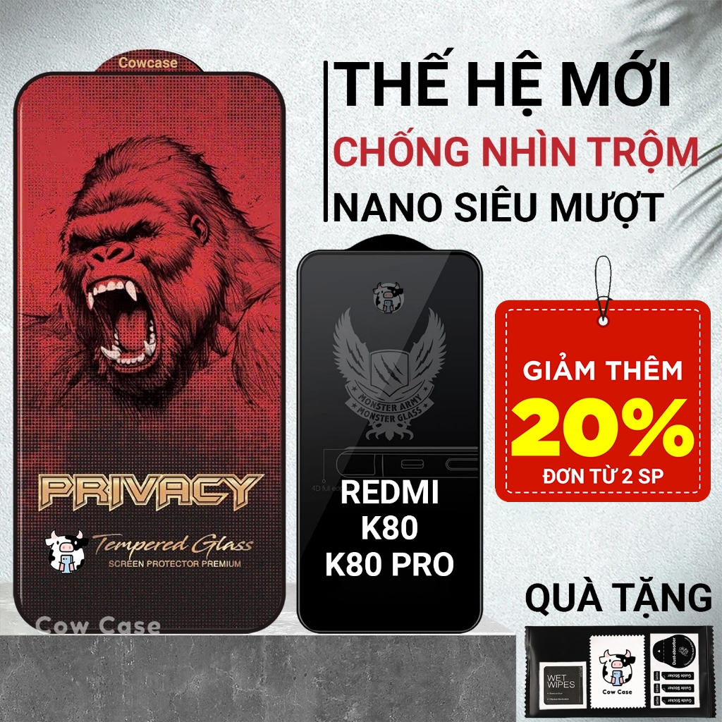 Cường lực Redmi K80, K80 Pro, K80 Ultra 5G Cowcase chống nhìn trộm  full màn | Miếng kính dán bảo vệ