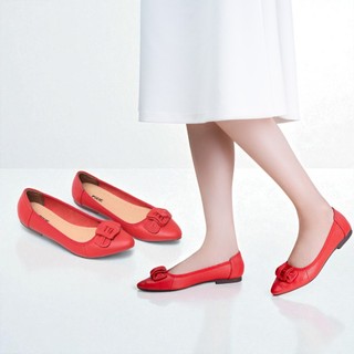 Giày Búp Bê Nữ Mũi Nhọn Da Thật Nơ Xếp Pixie P126