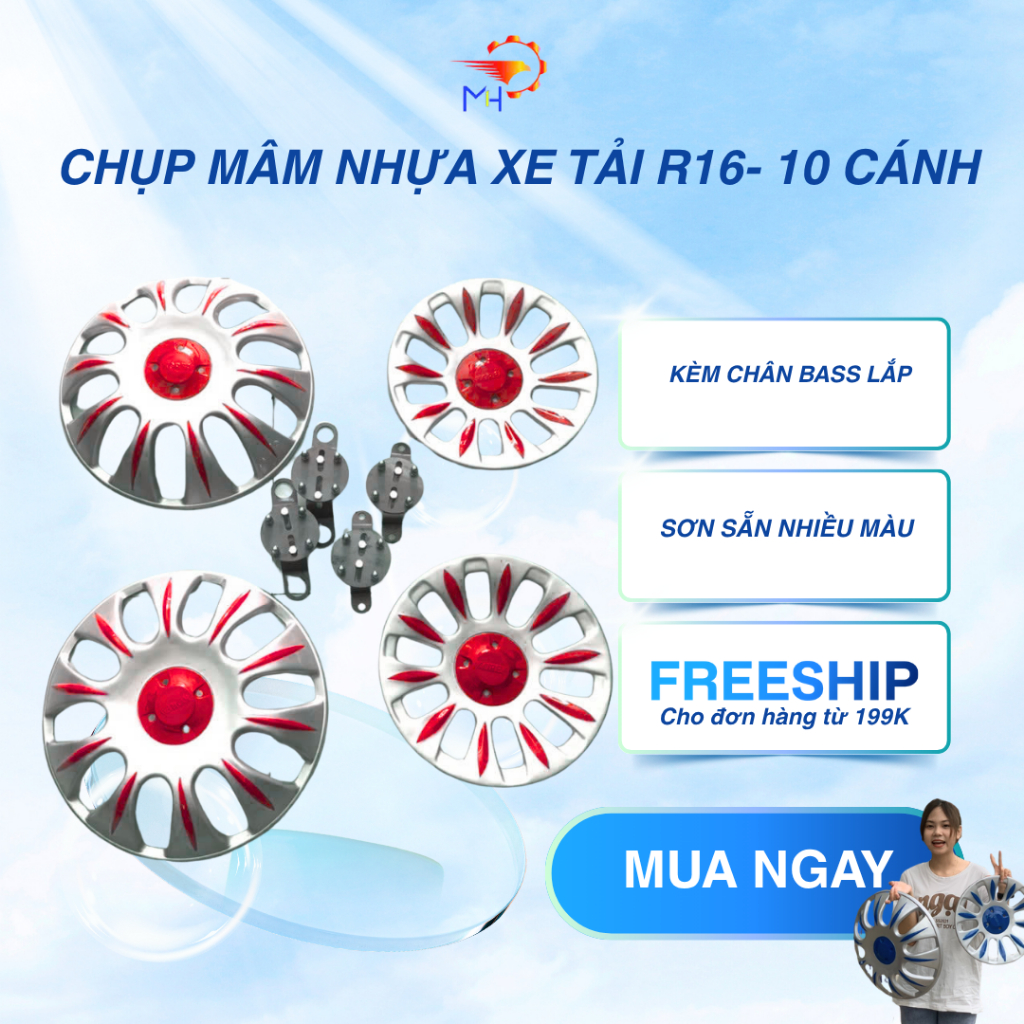 Chụp mâm nhựa xe tải lốp r16-10 cánh nhiều màu kèm chân lắp