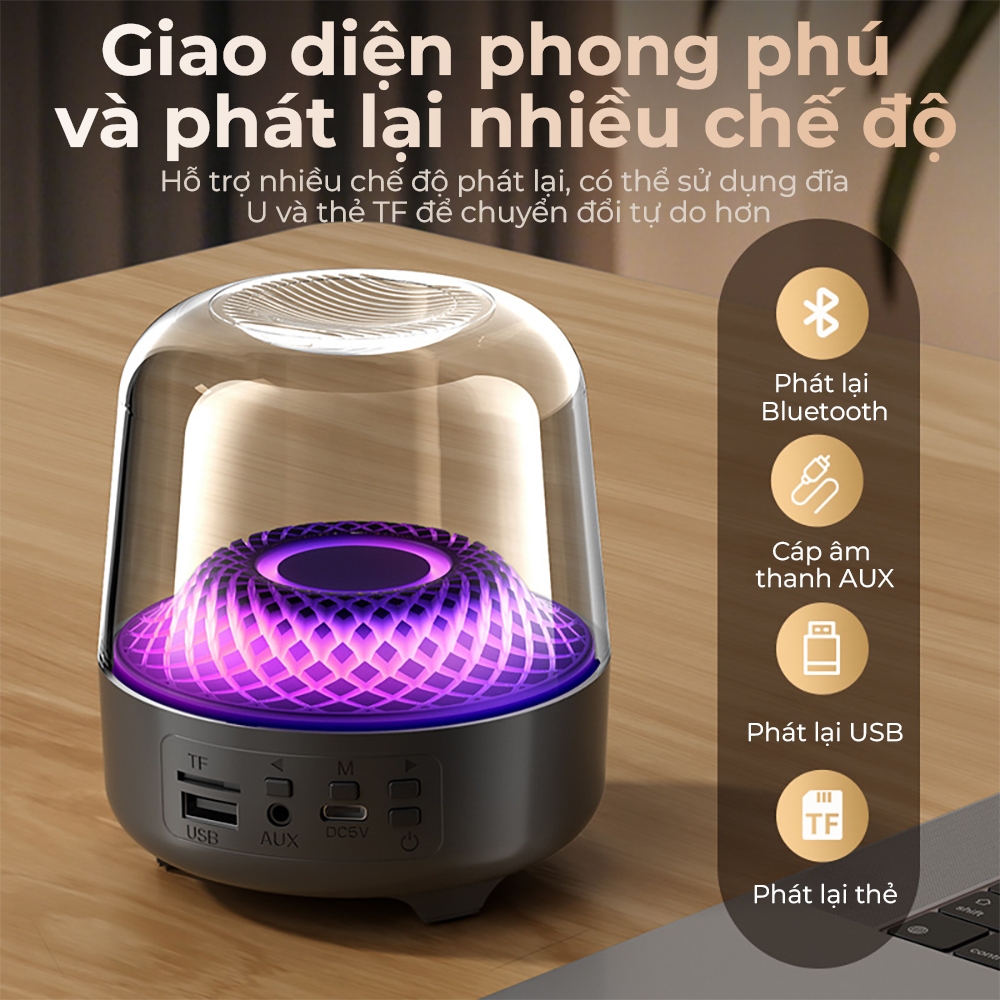 Loa Bluetooth Mini không dây trong suốt để nghe nhạc với đèn LED RGB để bàn đổi màu, âm trầm mạnh