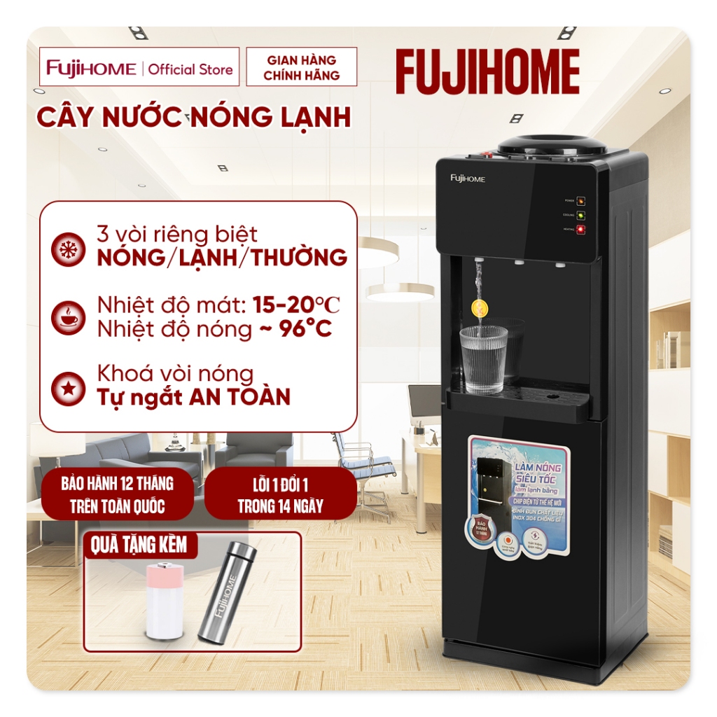 Cây nước nóng lạnh Fujihome nhập khẩu tiết kiệm điện, máy nước uống nóng lạnh 3 vòi bình lọc úp tiết kiệm điện tự ngắt