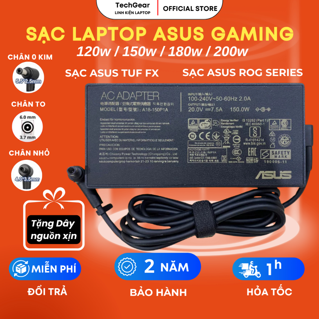 Sạc Laptop ASUS Gaming 120W/150W/180W, ASUS TUF GAMING, ASUS ROG Zephyrus, SẠC ASUS ROG Strix, TUF Dash BẢO HÀNH 2 NĂM