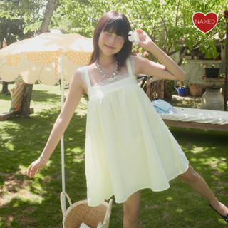  Đầm babydoll nữ NAKEDbyV váy hai dây bản cổ u phối ren dáng xoè xếp ly hàn quốc LEMON DRESS 