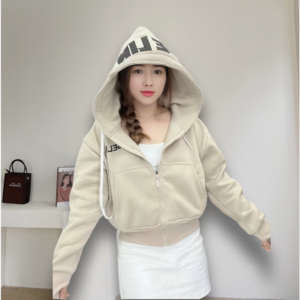  Áo khoác nữ mũ to 2 lớp tay xỏ ngón có 2 túi trong 2 túi ngoài  Áo hoodie zip croptop size 70kg 