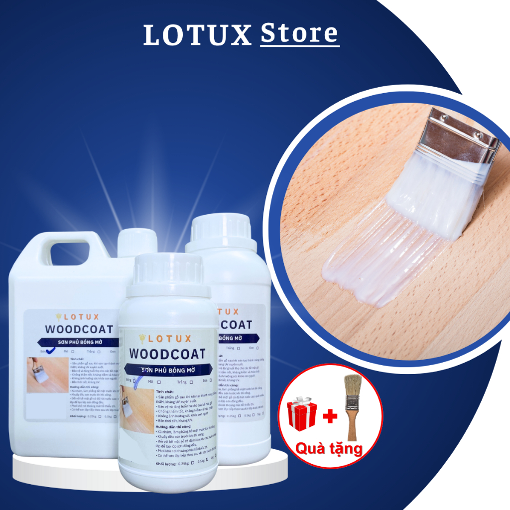 Sơn chống mốc gỗ, chống thấm tạo độ bóng mờ ko thay đổi màu bề mặt gỗ ko mùi an toàn, Lotux WoodCoat