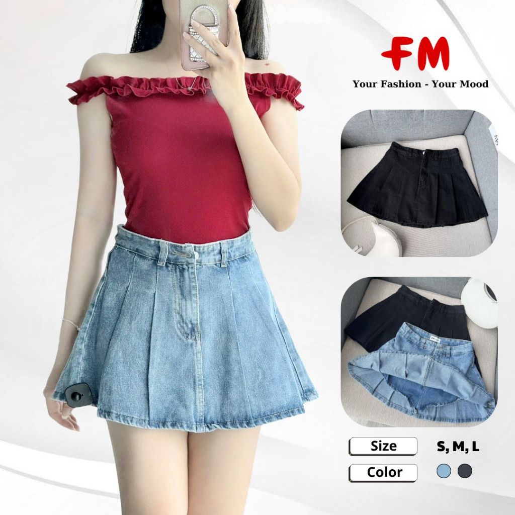 Chân Váy Jean Chữ A Ngắn FMSTYLE Xếp Ly chuẩn Form tôn dáng tôn V3 dễ phối đồ Size SML 25061282