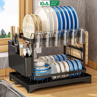 Kệ đựng chén bát 2 tầng IGA có khay hứng nước thiết kế đa năng, lắp đặt siêu nhanh - GN78