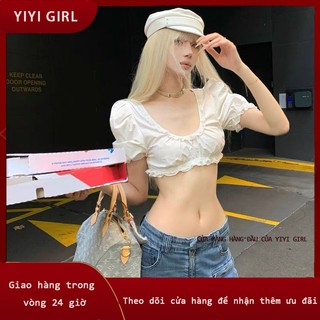  YIYI GIRL Áo Croptop Trễ Vai Quyến Rũ - Áo Croptop Ngắn Tay Viền Bèo Phối Ren Đính Sexy Mặc Đi Biển 