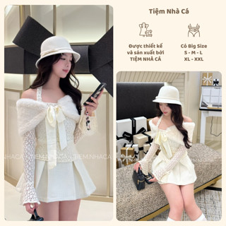 Set len [belle set] áo len trễ vai cổ lông tháo rời và chân váy dạ đi tiệc, du lịch mùa đông