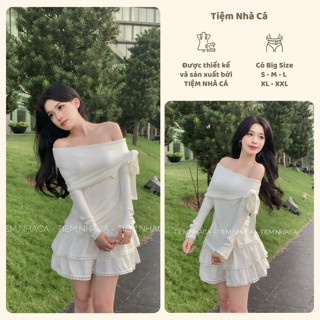 SET ÁO LEN TRỄ VAI TRẮNG SỮA DÀI TAY THẮT NƠ BASIC PHỐI CHÂN VÁY DÁNG XÒE XẾP TẦNG MÙA ĐÔNG BÁNH BÈO [Barbie Set]