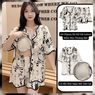 Đồ Ngủ Nữ Tay Ngắn Cổ Bẻ Có Mút Ngực Mặc Nhà Phối Quần Short 2 Mảnh Hot Trend Mùa Hè_BN4