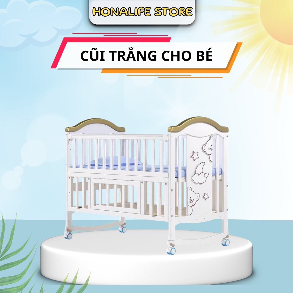 Nôi Cũi Trắng Cho Em Bé Honalife, Kiểu Dáng 2 Tầng, Kích Thước 120x65cm, Điều Chỉnh Độ Cao