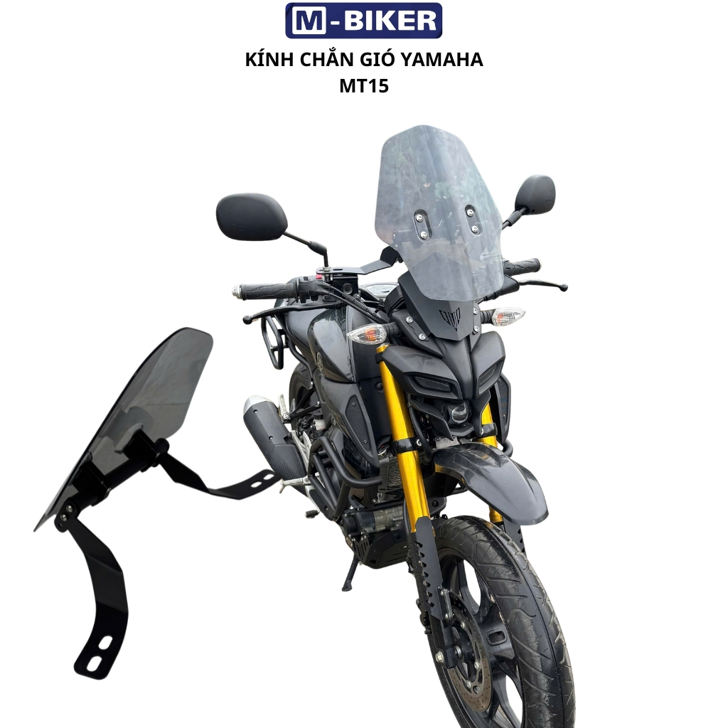 Kính chắn gió mt15, kính bảo vệ mt15 chất liệu thép, nhựa abs màu xám trong.
