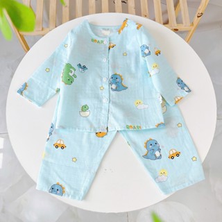 Pijama cho bé trai, bé gái vải  xô cotton Áo Lá Homewear A219, đồ bộ dài tay cho bé mát bốn mùa cổ tròn cài nút