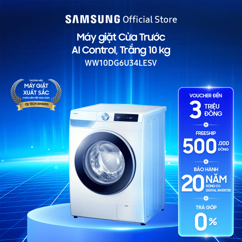 [Shopee - Lắp đặt 0Đ HN HCM] Máy giặt Samsung 10kg WW10DG6U34LESV Bespoke AI™ - Giặt hơi nước Hygiene Steam, Màu Trắng