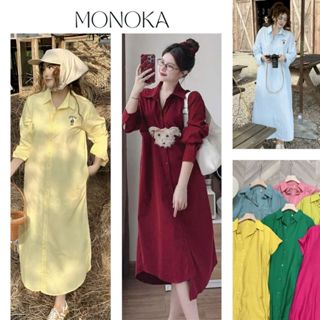 (Nhiều mẫu) Váy sơ mi cổ bẻ dài tay thêu gấu form rộng dáng dài maxi vàng xanh Đầm bầu nữ màu trơn basic bigsize T1095G