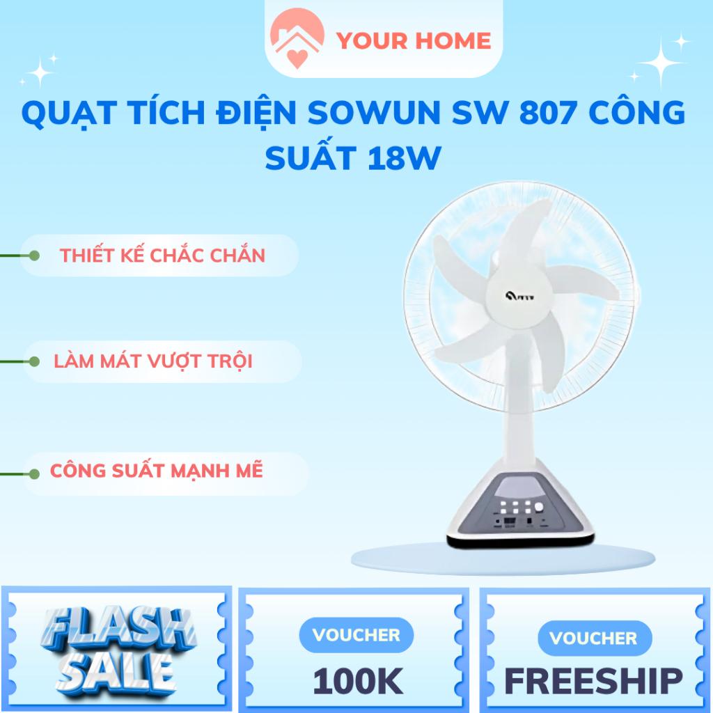 Quạt tích điện Sowun SW 807 công suất 18W, pin 6V7AH 3 tốc độ gió, vận hành êm ái