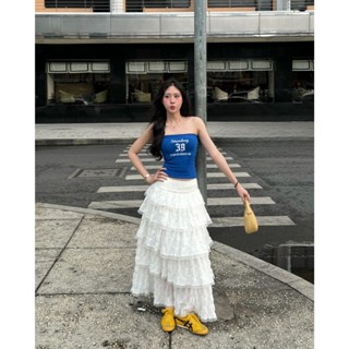 Chân váy midi dáng dài 5 tầng xòe bồng bềnh phối ren trắng kiểu bánh bèo, chân váy dài nàng thơ Esme RESPECTIF