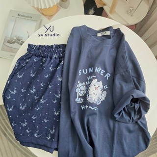 Bộ thun nữ YUSTUDIO quần đùi vân mây kèm áo cotton khô 3158 mặc nhà mẫu quần Xanh Đậm