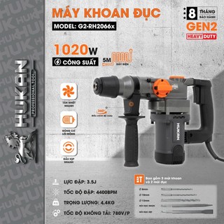  Máy khoan đục bê tông HUKAN G2-RH2066x 1020W ,đầu gài SDS tặng 5 mũi khoan đục chuyên dụng 