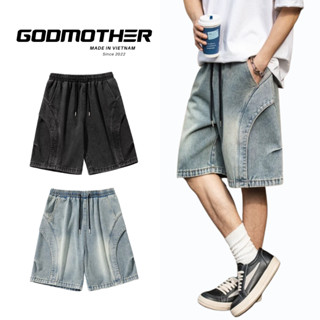 Quần Short Jean Cạp Chun GODMOTHER Quần Short Jean Màu Xanh Đen Phong Cách Đường Phố Hiphop Hàn Quốc