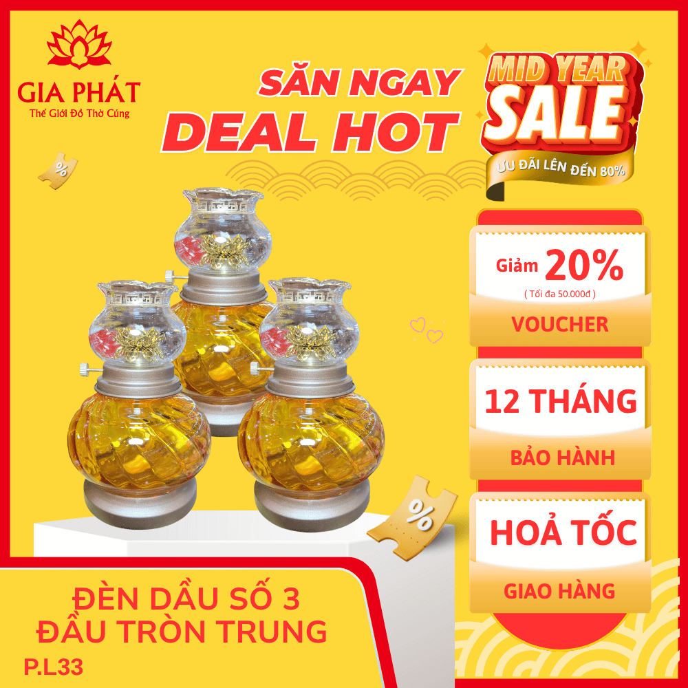 Đèn dầu thờ hoa sen số 3, đèn thờ cúng pha lê hoa sen, đèn dầu gia tiên, đèn thờ cúng Gia Phát
