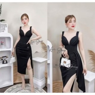 Đầm body tà đổ xẻ ngực phối lưới