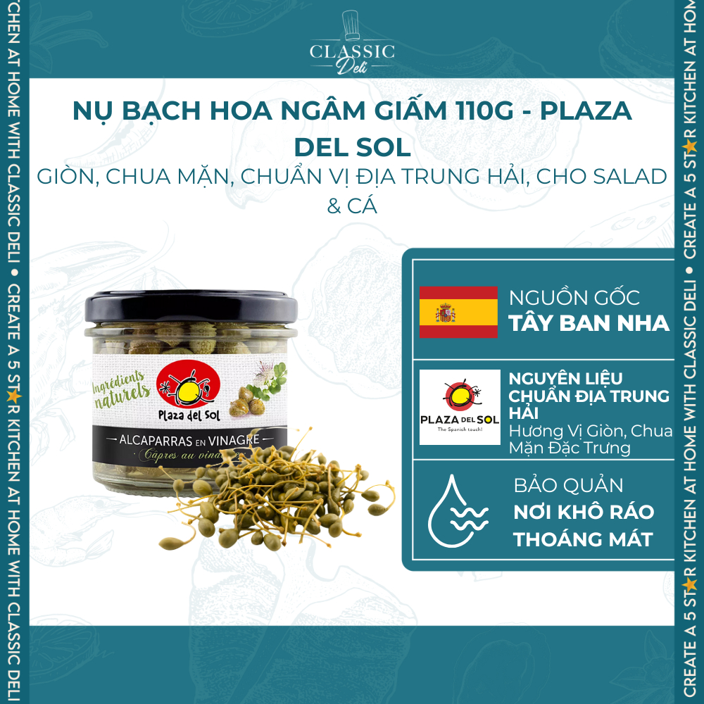 Nụ Bạch Hoa Ngâm Giấm 110g - Plaza del Sol PDS0507-008 – Giòn, Chua Mặn, Chuẩn Vị Địa Trung Hải, Cho