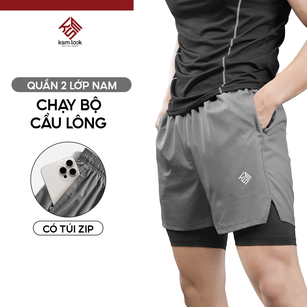 Quần Đùi 2 Lớp Tập Gym Nam KSMLOOK Thiết Kế Xẻ V, Túi Zip sâu Phù Hợp Chạy Bộ, Bơi Lội Q209