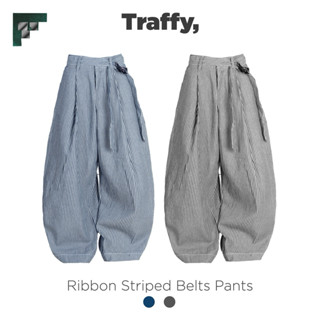 Quần Kaki Sọc TRAFFY Basic Form Rộng Cạp Trễ Ống Suông Hack Chân Ribbon Đi Biển Mùa Hè Unisex Nam/Nữ - Ưu đãi Hè 2025