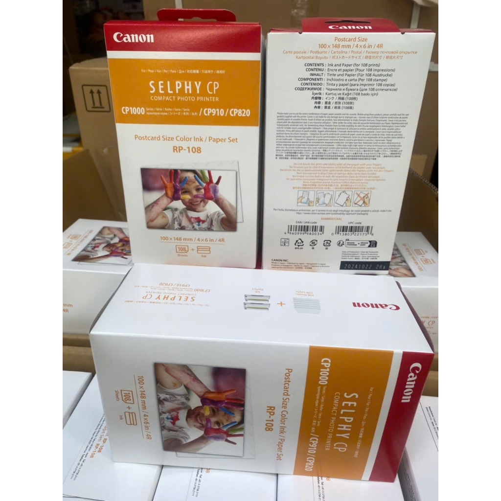 Giấy Canon RP108in cho máy in Cp1000,Cp1200,Cp1300,Cp1500,Cp910.v.v. gồm 2 băng mực + 108 tờ giấy