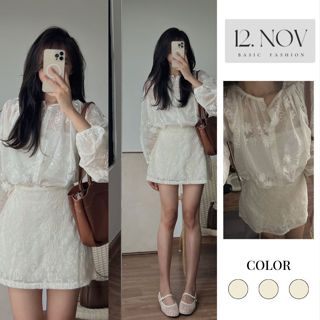 Set áo sơ mi voan tơ hoa mix chân váy ngắn chữ A thêu hoa 2 lớp NỮ 12.NOV 119 1350 145