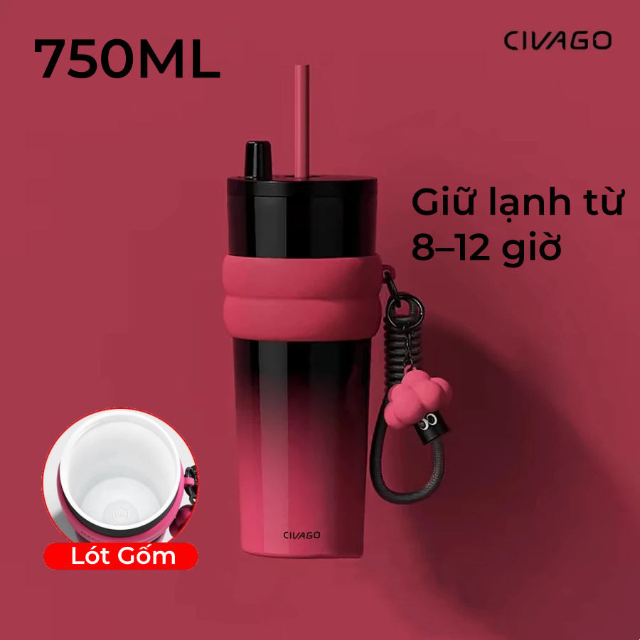 CIVAGO Ly giữ nhiệt tráng sứ 750ml bình giữ nhiệt lót gốm có ống hút Móc khóa búp bê